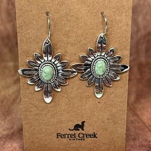 Silver Sunburst Earrings with Light Green Stone